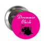 Magenta drummer chick button pin with script text and drum set graphic