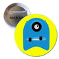 Round pinback button brooch badge with blue monster face and yellow border