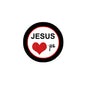Round pinback button with black rim, white face, red heart, 'JESUS' and 'YOU'.