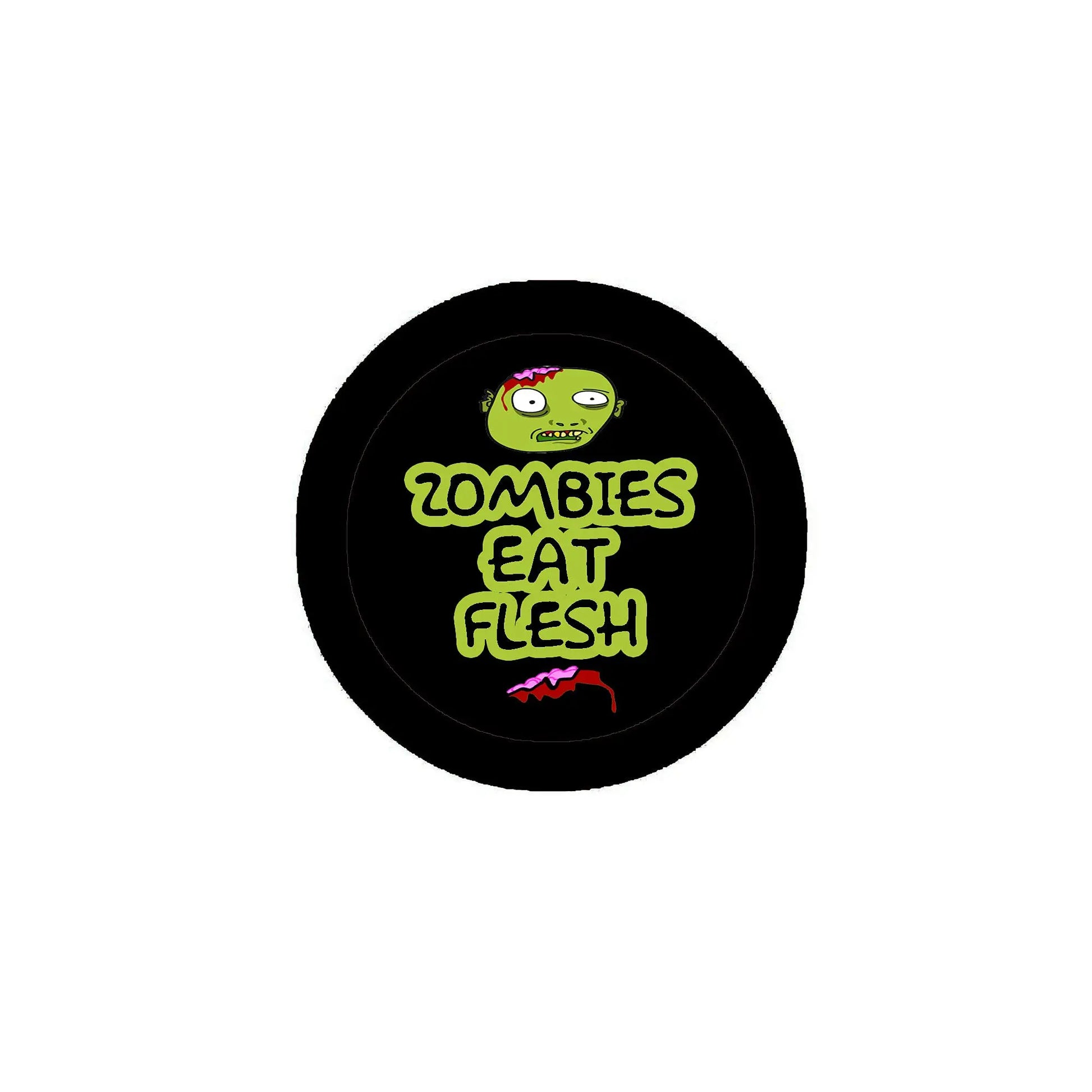 Round black pinback button with green zombie and 'ZOMBIES EAT FLESH' text.