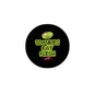 Round black pinback button with green zombie and 'ZOMBIES EAT FLESH' text.