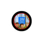 Round black pinback button with red border, JW.ORG Caleb character graphic