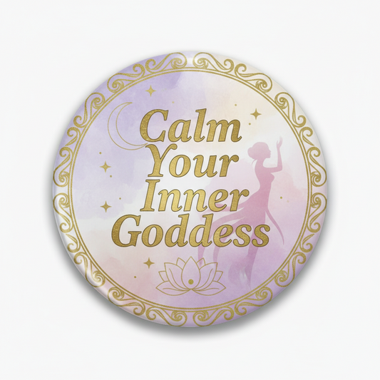 Round pinback button with “Calm Your Inner Goddess” text, gold trim, purple moon and lotus