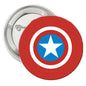 Captain America pinback button with red shield, blue circle and white star, silver back