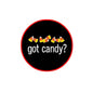 2.25-inch pinback button: black with red rim, 'got candy?' and candy icons