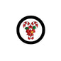 1.25-inch candy caner pinback button with black rim and two red-and-white candy canes