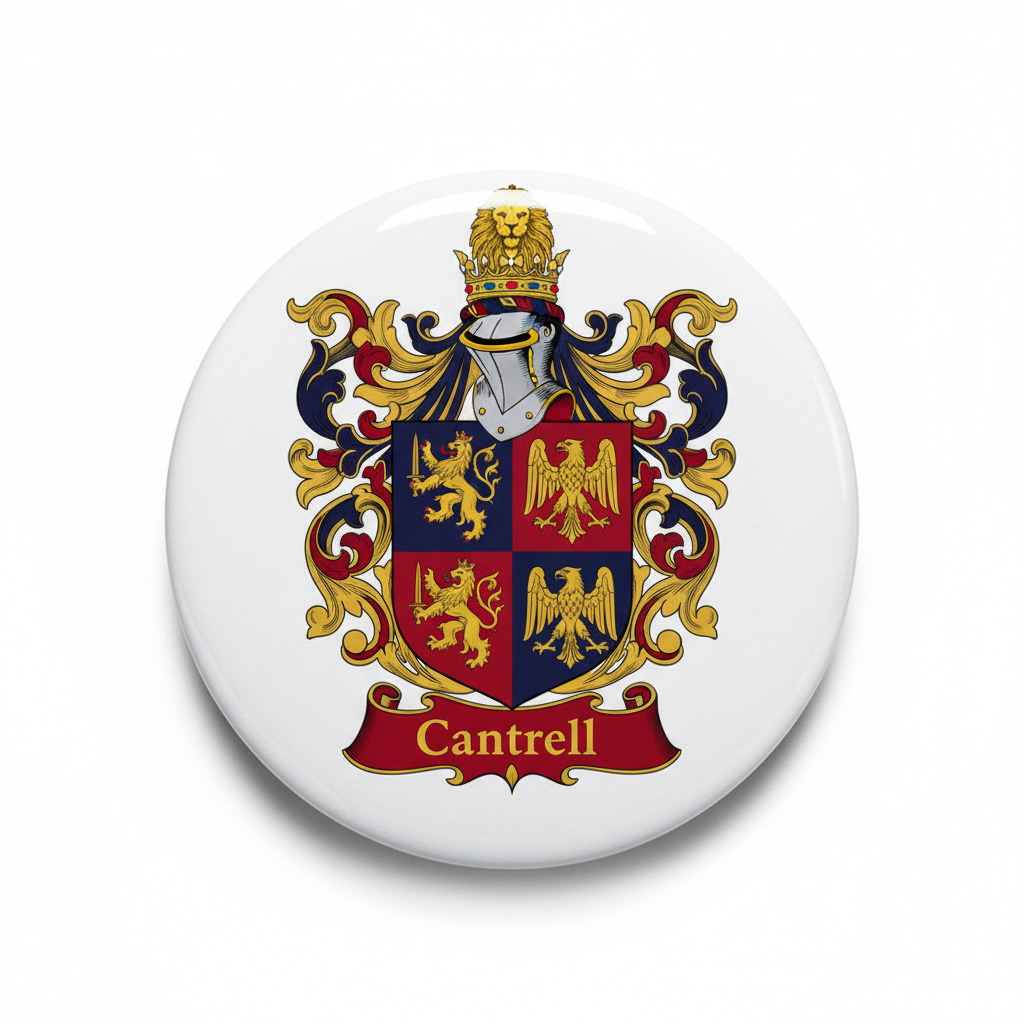 Round Cantrell family crest coat of arms pinback button, colorful shield and banner