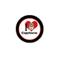 Round black enamel pin with white center, capybara graphic and 'I Love Capybaras' text