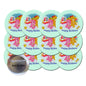 Set of 12 mint round pinback buttons with Care Bears 'Happy Birthday' text and metal clasp