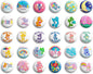 Set of round bear-themed pinback buttons with colorful character designs