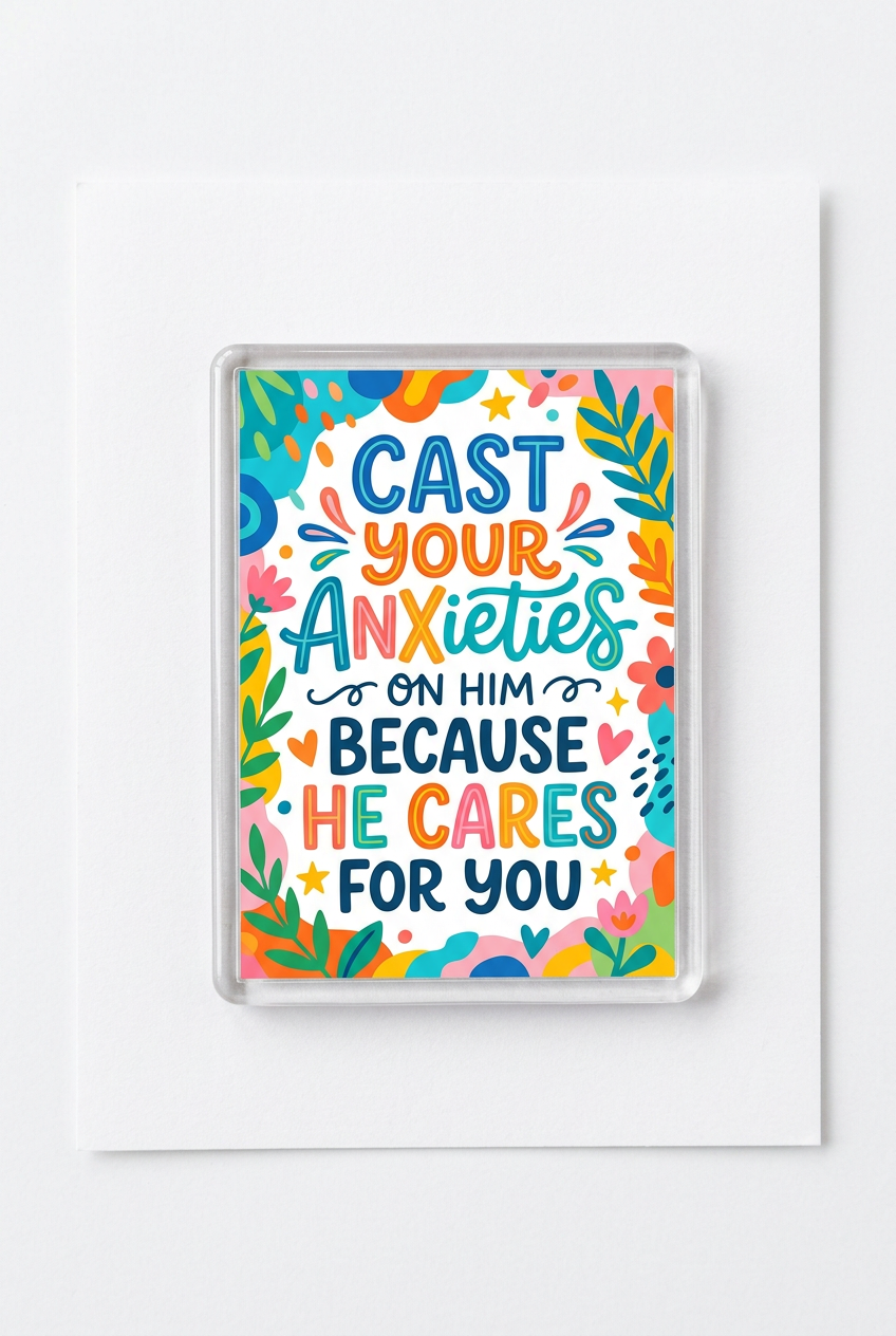 Cast your anxieties on him because he cares for you Acrylic Fridge Magnetic 3-inch x 4-inch