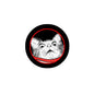 Round cat sketch pinback button with black border, red ring, and gray-white cat face