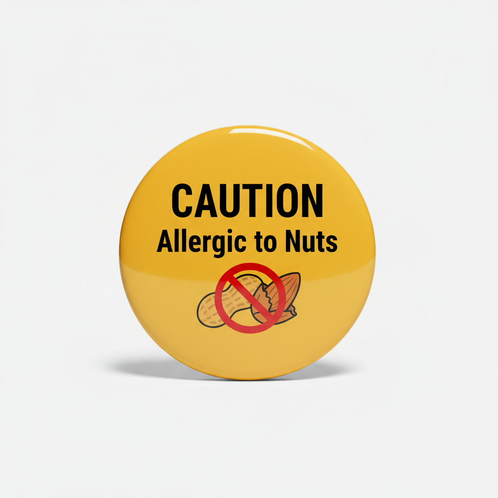 Yellow pinback button: 'CAUTION Allergic to Nuts' with crossed nut icon