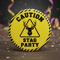 Yellow caution stag party pinback button with black warning triangle and stag icon