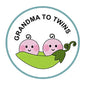 Round pinback button, teal rim, pink twin faces in green leaf hammock, 'Grandma to Twins'.
