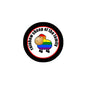 Rainbow-themed sheep pinback button with circular black border and colorful design