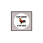 White circular pinback badge with rooster graphic and bold STOP LOOKING text