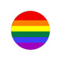 Rainbow pride circular pinback button with multicolor stripe flag design