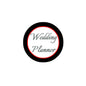 Round pinback badge with black edge, red ring, and "Wedding Planner" lettering
