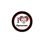 Round pinback button with black rim, red-white center, cartoon opossum and text 'I Opossums'.