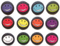Round smiley emoticon pin badges with smiling faces in multiple colors