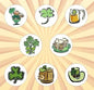 St. Patrick's Day pinback set with 8 circular designs: leprechaun, clovers, beer