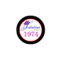 Black-rim pinback button with white face, 'Fabulous since 1974' and purple 1974