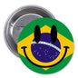 Brazil flag smiley face pinback button with green yellow blue shield design