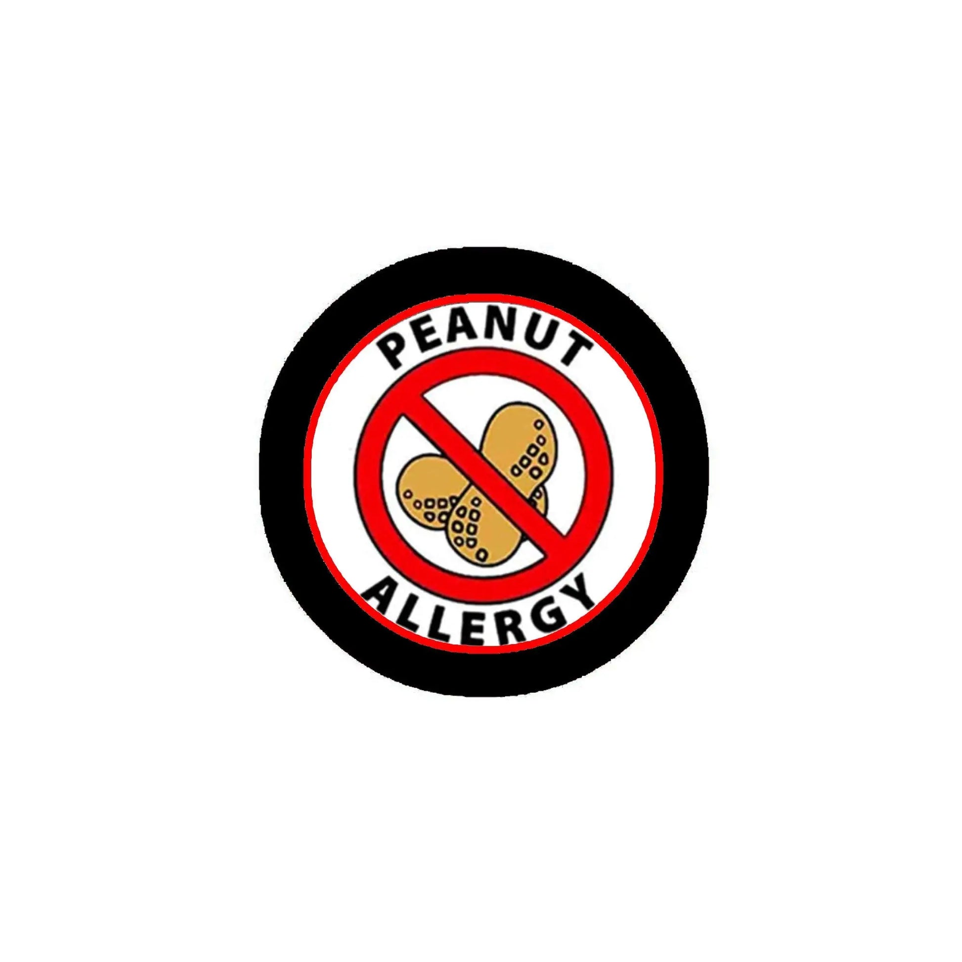 Peanut allergy pinback badge, black circle with red ring and crossed-out peanuts icon