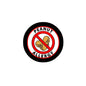Peanut allergy pinback badge, black circle with red ring and crossed-out peanuts icon