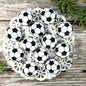 Set of soccer ball button pins, 12 pinback badges with black and white design.