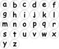 Lowercase alphabet pinback buttons, black letters on white round badges