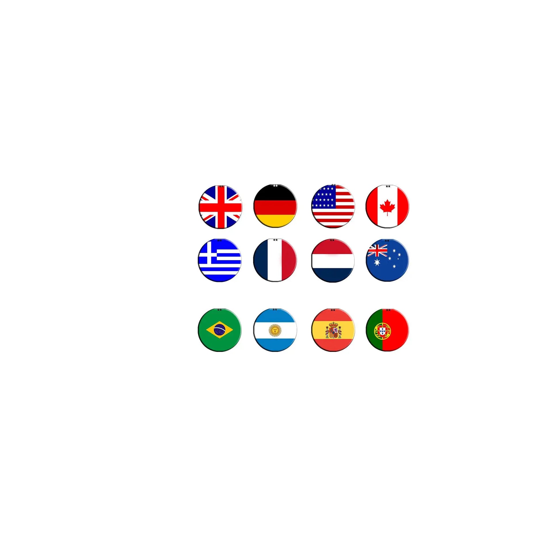 Set of 12 circular pinback buttons with assorted world flag designs, hashtag style