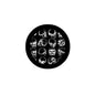 Round skull pinback button with white skulls on black background, 2.25-inch