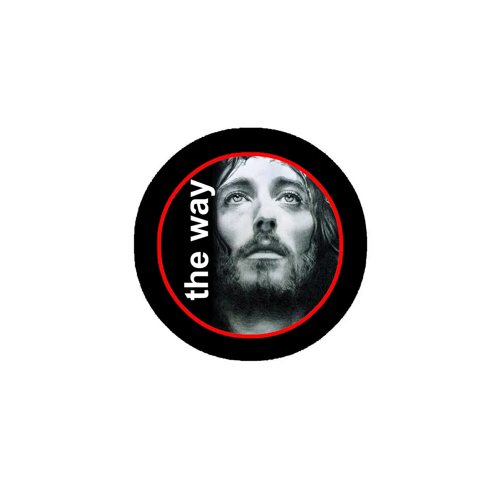 Round pinback button badge with black border, red “the way” text, grayscale Jesus face
