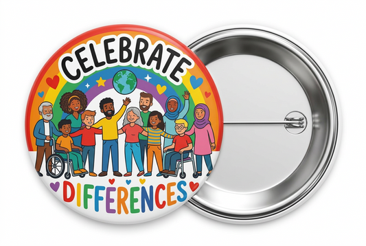 Two round pinback buttons shown on a light gray background. The front button features a colorful illustration of people in wheelchairs and casual clothing with a rainbow and stars, plus the words “CELEBRATE DIFFERENCES.
