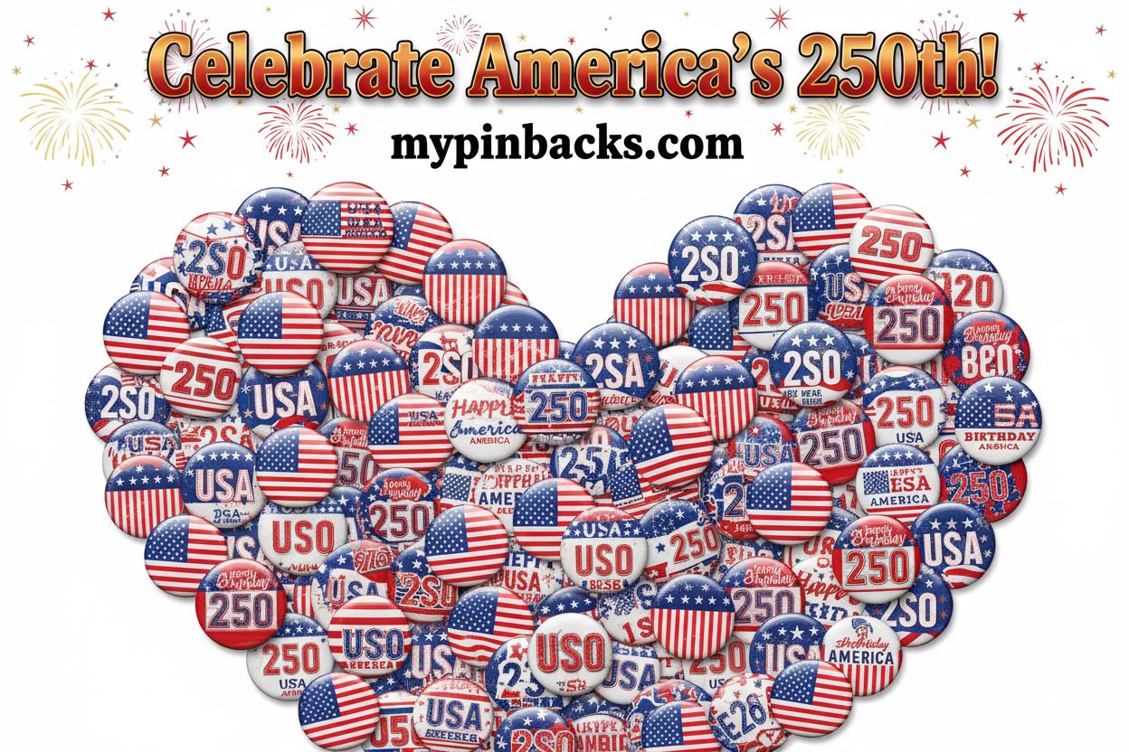 Heart-shaped arrangement of USA-themed buttons with 'Celebrate America's 250th!' text and fireworks on a white background.
