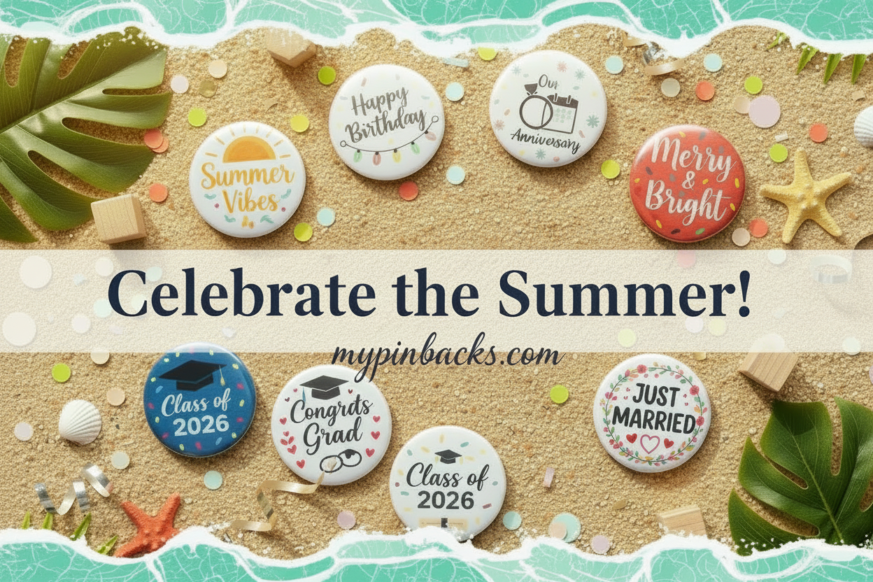 Decorative buttons with various designs and text on a white background with confetti and ribbons.