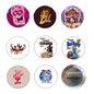 Set of 8 round cartoon pinback buttons, colorful character designs and one back-side pin
