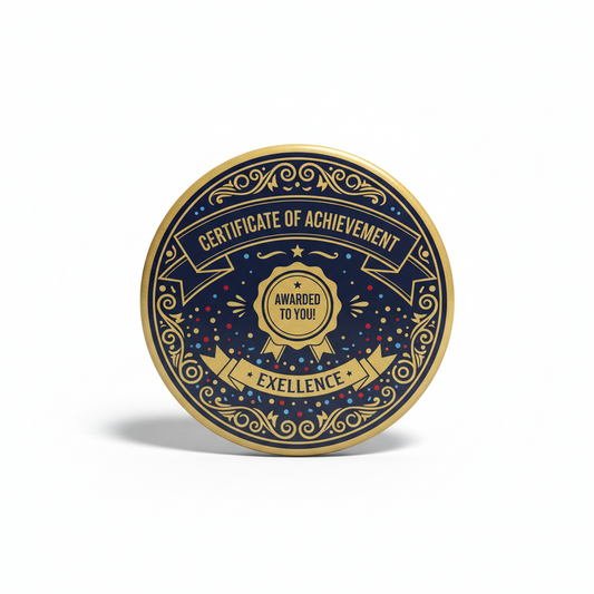 2.25-inch round gold certificate pinback with blue "Certificate of Achievement" badge