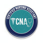 Round CNA pinback button with blue border, teal center, text and nursing icons