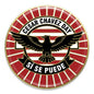 Cesar Chavez Day pinback button with red stripes, eagle graphic, 'SI SE PUEDE' text