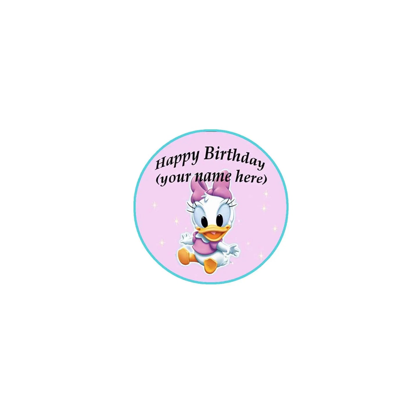 Pink round pinback badge with cartoon duck and Happy Birthday text