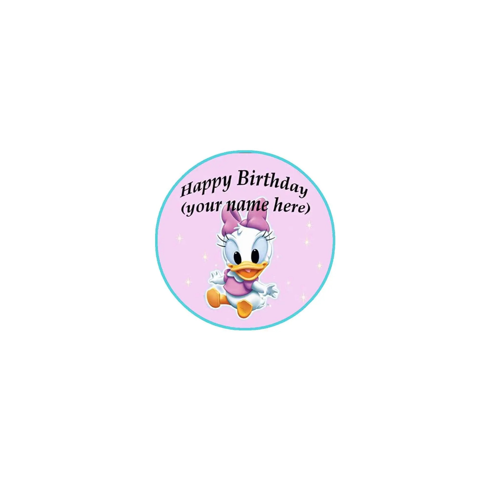 Pink round pinback badge with cartoon duck and Happy Birthday text