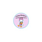 Pink round pinback badge with cartoon duck and Happy Birthday text