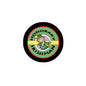 Round black-bordered enamel badge with Honorary Irishman text and cartoon leprechaun
