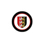 3-inch coat of arms family crest magnet with circular black frame and red-and-gold shield