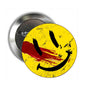 Round pinback badge with yellow face, red smear, and black grin graphic