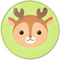 Round deer face pinback button, lime green with brown antlers and snout
