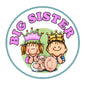 Round pinback button with cartoon crowned girls and 'BIG SISTER' lettering